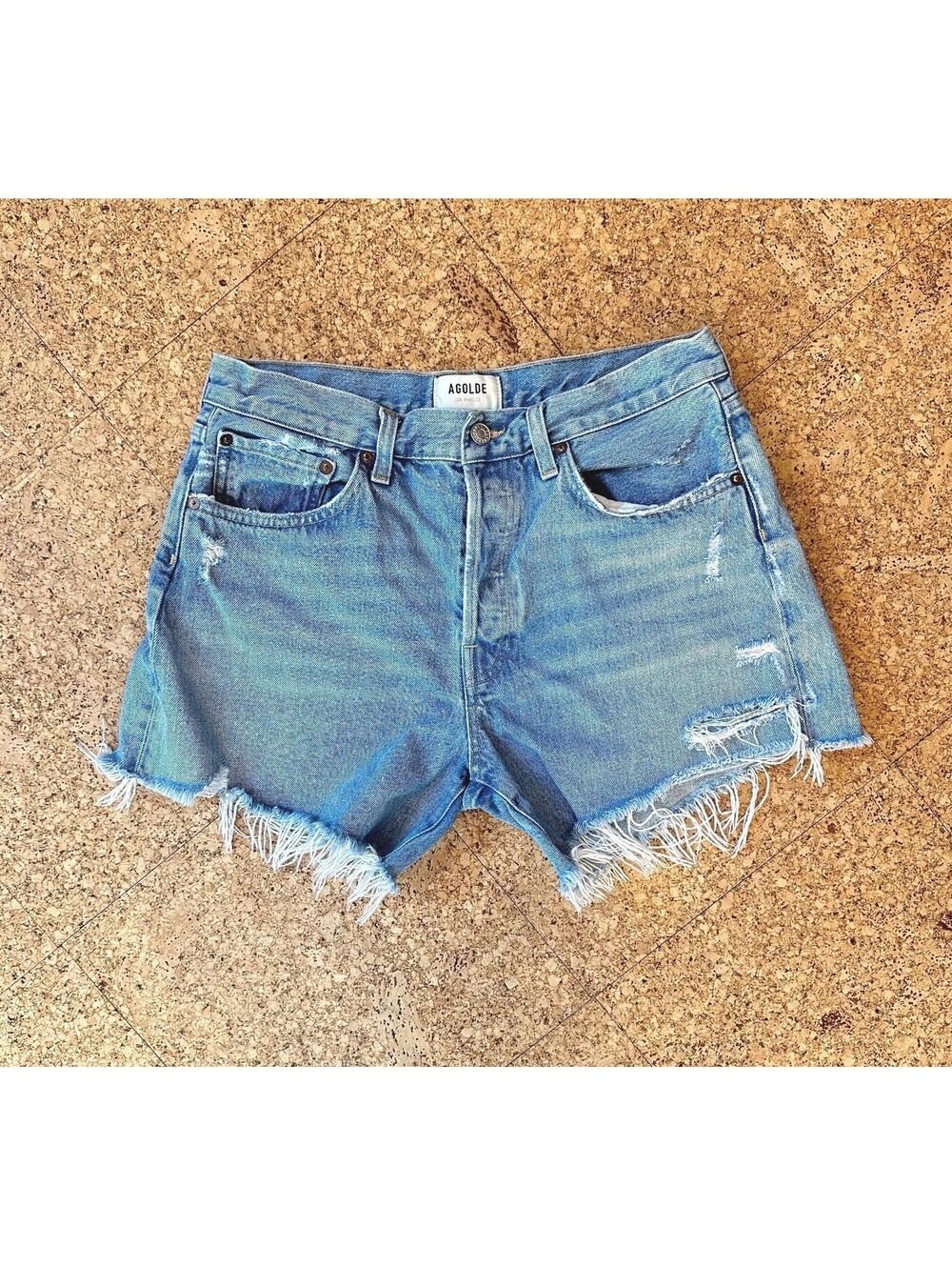 AGOLDE Parker Long High Rise Distressed 28 W31 Denim Shorts Light Wash 5" Inseam